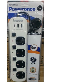 PowerOne Poweronce Extension Socket  5 Meter  Power Extension Cable 2500W Power Strips Extension Cord 4 Sockets, 2 USB Port, 1 Type-C Port Fast Charging 