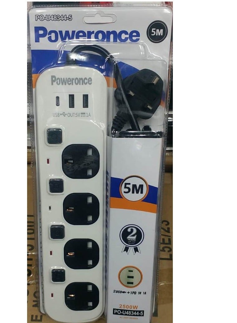 PowerOne Poweronce Extension Socket  5 Meter  Power Extension Cable 2500W Power Strips Extension Cord 4 Sockets, 2 USB Port, 1 Type-C Port Fast Charging