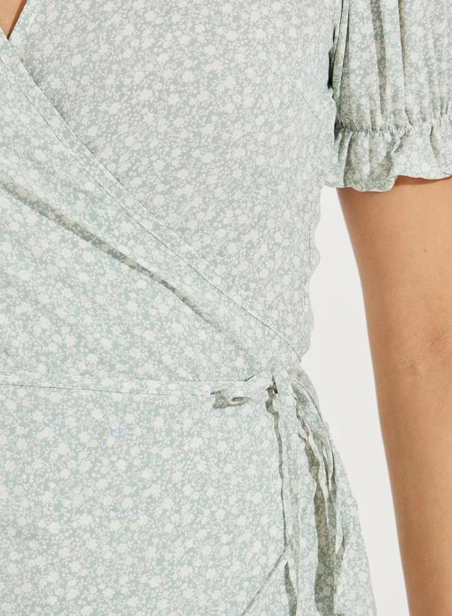 Styli All Over Print Wrap Top with Puff Sleeves
