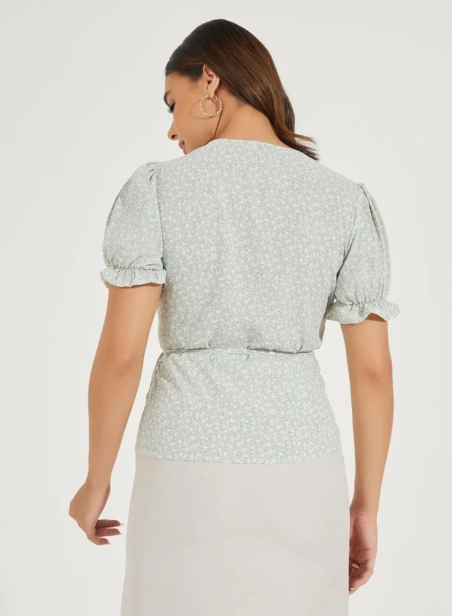 Styli All Over Print Wrap Top with Puff Sleeves