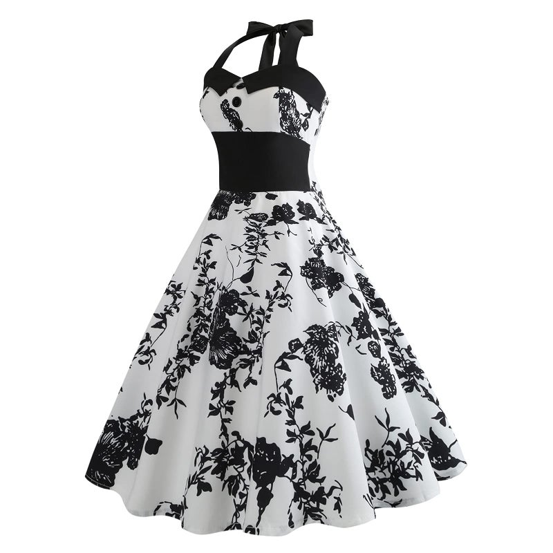 IKADEX Vintage Women 1950s Rockabilly Swing Dress Pinup 50s Retro Hepburn Style Halterneck A-Line Dresses #B: Black Floral M - Image 2