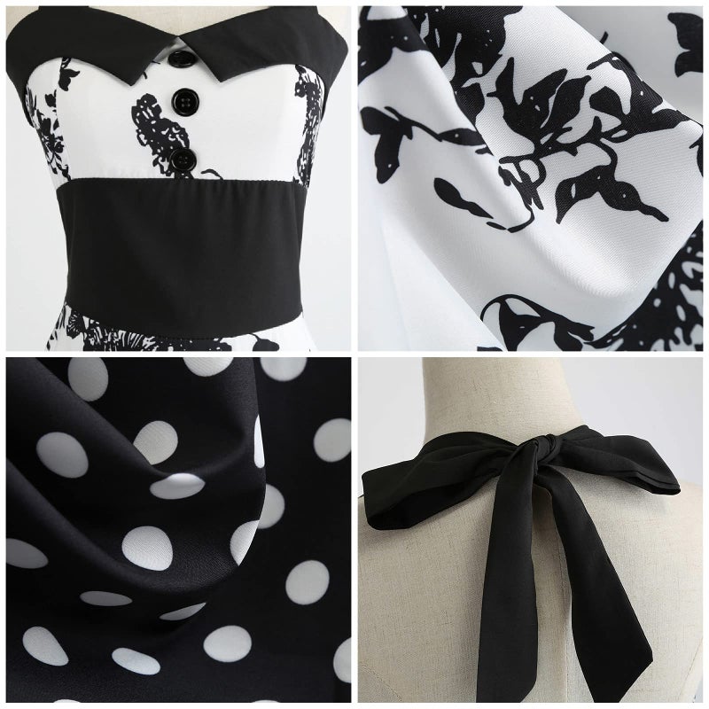 IKADEX Vintage Women 1950s Rockabilly Swing Dress Pinup 50s Retro Hepburn Style Halterneck A-Line Dresses #B: Black Floral M - Image 4