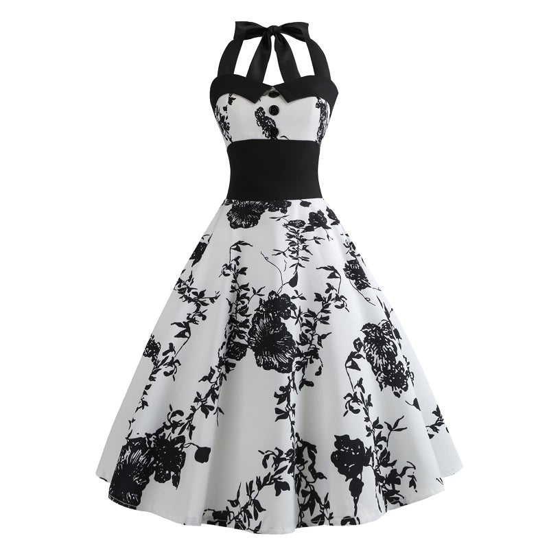 IKADEX Vintage Women 1950s Rockabilly Swing Dress Pinup 50s Retro Hepburn Style Halterneck A-Line Dresses #B: Black Floral M - Image 1