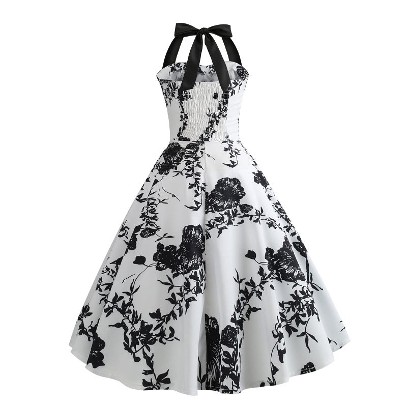 IKADEX Vintage Women 1950s Rockabilly Swing Dress Pinup 50s Retro Hepburn Style Halterneck A-Line Dresses #B: Black Floral M - Image 3