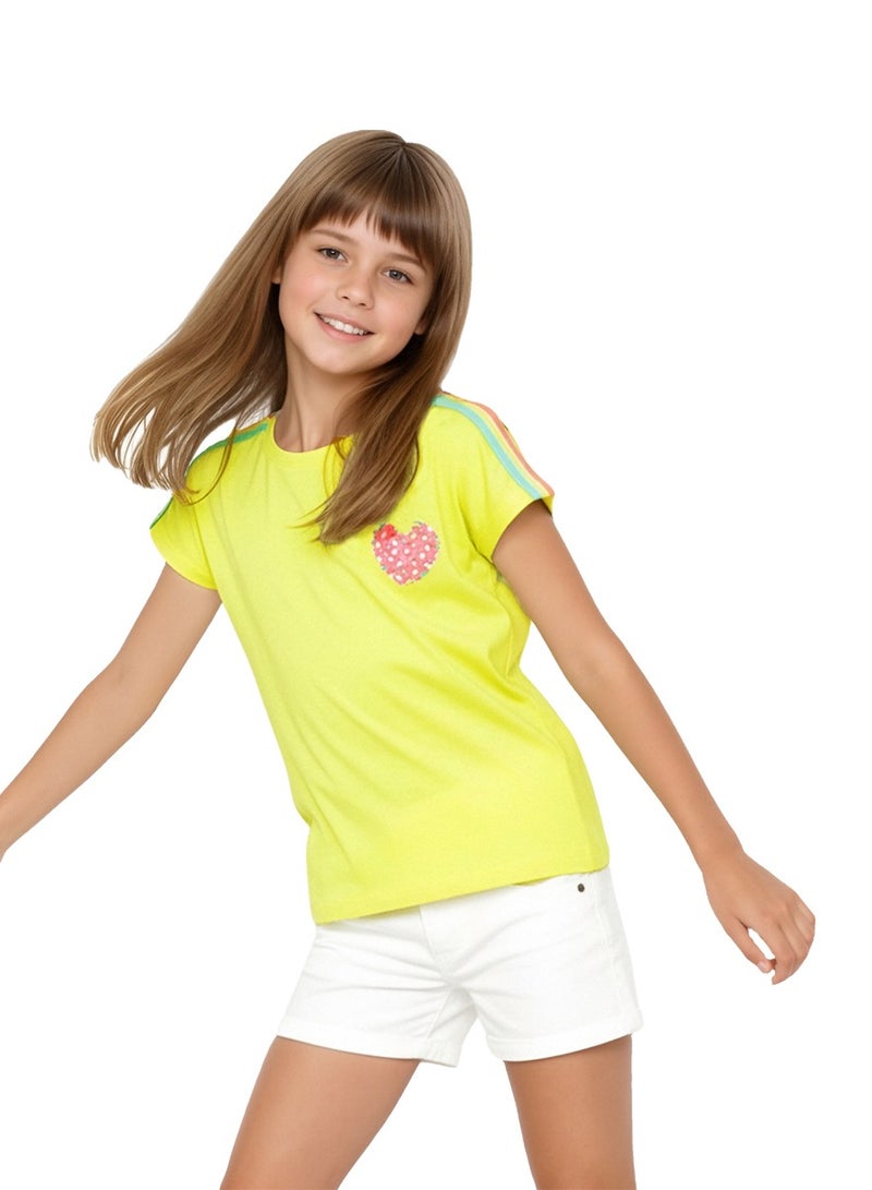 ويني بي تي شيرت بناتي قصير الأكمام مع شريط كتف قوس قزح وطبعة قلب حلوى ثلاثي الأبعاد 2-12T - Image 2