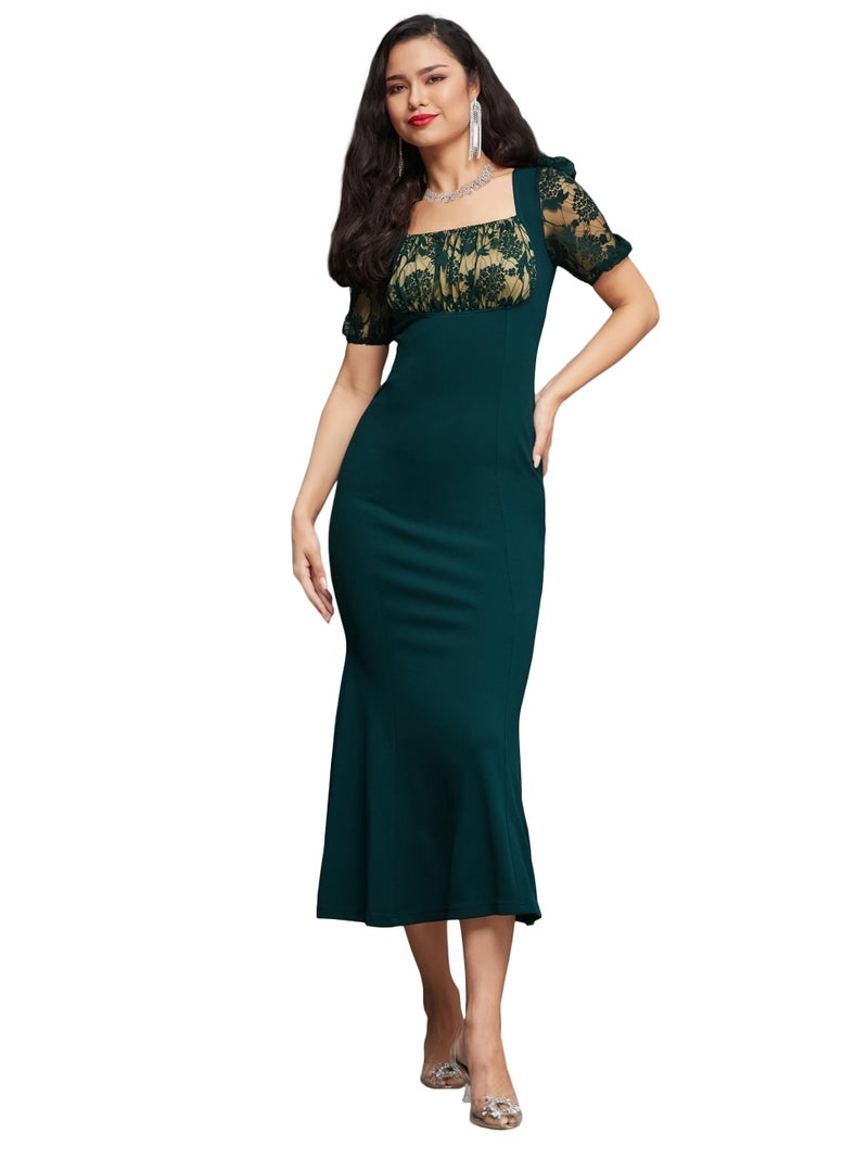 Miss Chase Women's Square Neck Puff Sleeve Solid Lace Overlaid Ankle Length Dress (Plus (MCSS23D79-01-42-07, Dark Green, 2XL) - Image 1