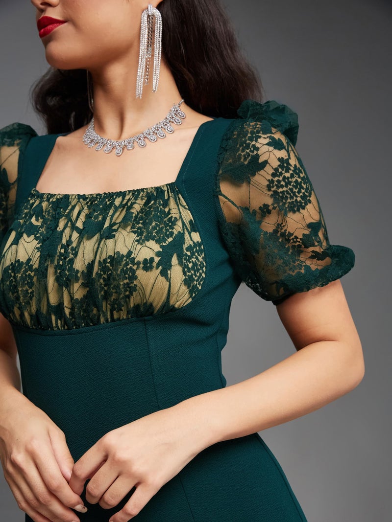 Miss Chase Women's Square Neck Puff Sleeve Solid Lace Overlaid Ankle Length Dress (Plus (MCSS23D79-01-42-07, Dark Green, 2XL) - Image 5