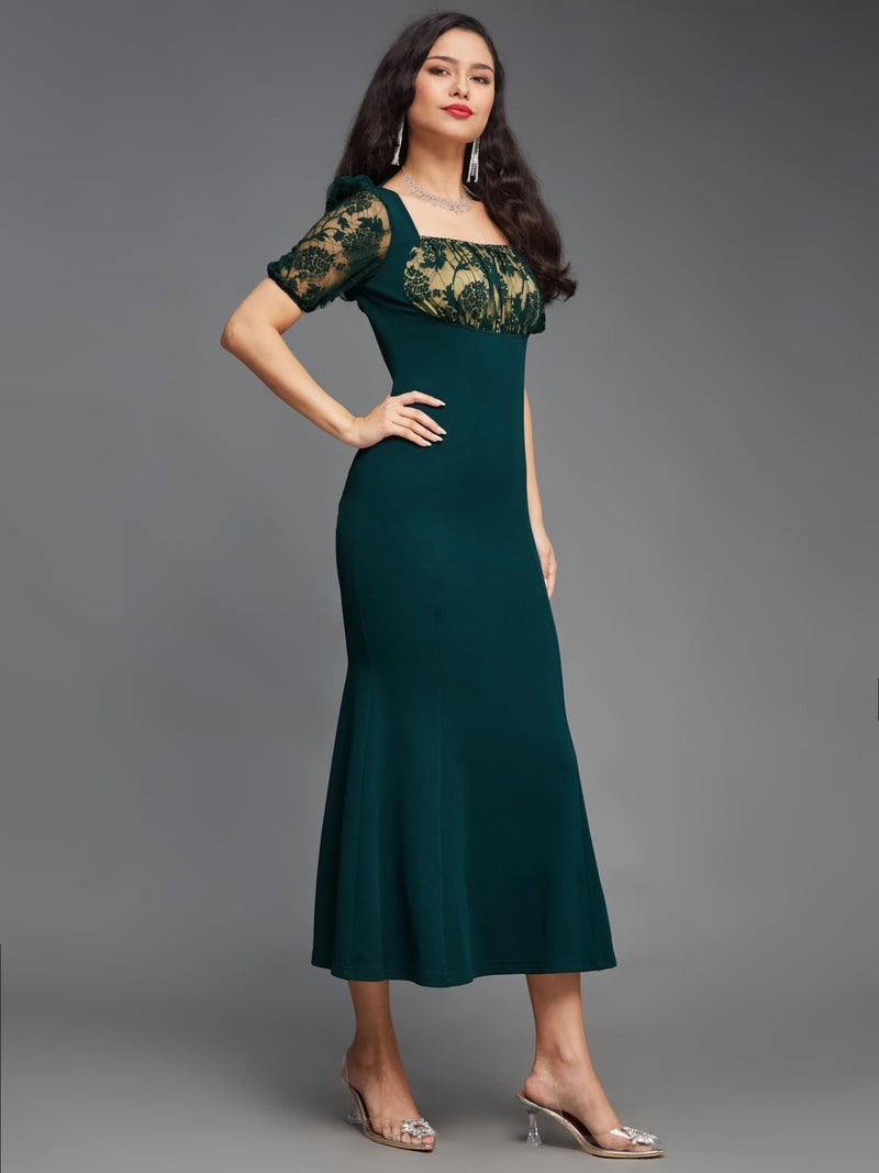 Miss Chase Women's Square Neck Puff Sleeve Solid Lace Overlaid Ankle Length Dress (Plus (MCSS23D79-01-42-07, Dark Green, 2XL) - Image 3
