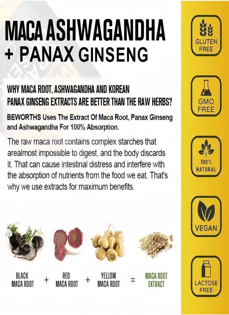 Organic Maca Root Black and Red and Yellow Extract Plus Ginseng 120 Vegan Capsules Maca Root Gelized 100% Pure Non-GMO Supports Men's Healthy