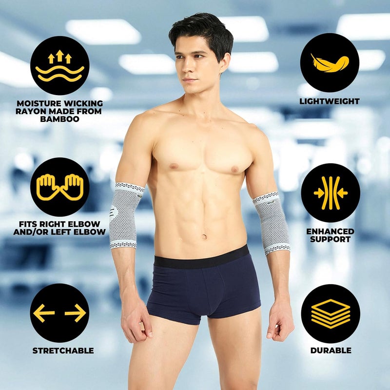 NeoTech Care دعامة كوع نيتوتك كير من ألياف البامبو قماش محبوك 3D مرن وقابل للتنفس للجولف والتنس الرياضات الذراع اليمنى أو اليسرى لون رمادي مقاس M وحدة واحدة - Image 4