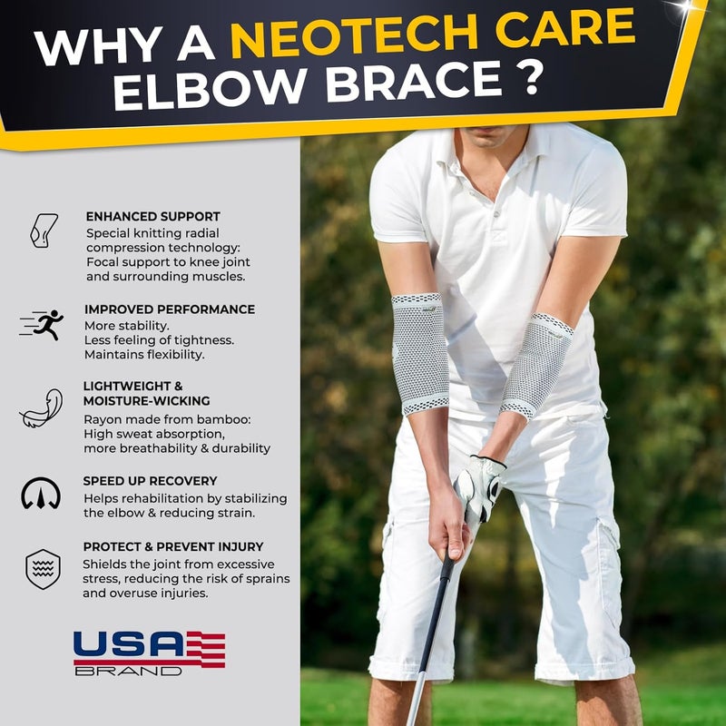 NeoTech Care دعامة كوع نيتوتك كير من ألياف البامبو قماش محبوك 3D مرن وقابل للتنفس للجولف والتنس الرياضات الذراع اليمنى أو اليسرى لون رمادي مقاس M وحدة واحدة - Image 3