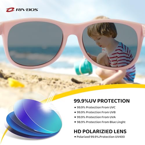 RIVBOS kids Sunglasses Girls with Strap Polarized UV Protection Flexible Shades for Baby and Children Age 2-10 RBK004-2 Light Pink - Image 3