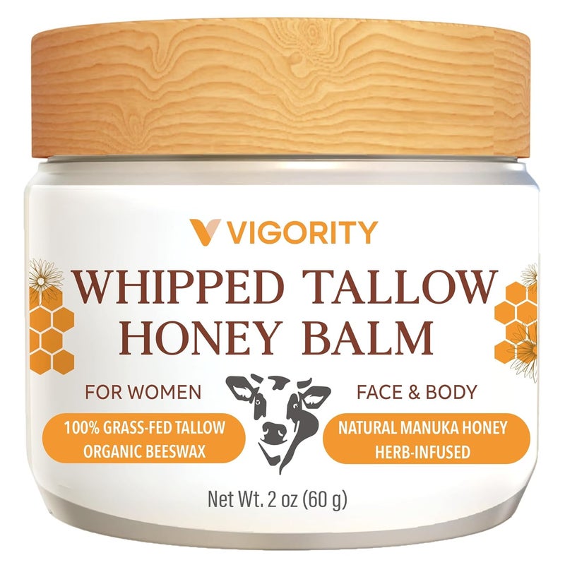Vigority Beef Tallow and Honey Balm for Women Organic Grass Fed Whipped Beef Tallow for Skin  Beef Tallow Face Moisturizer Infused with Manuka Honey Beeswax and Olive Oil  2 oz Unscented