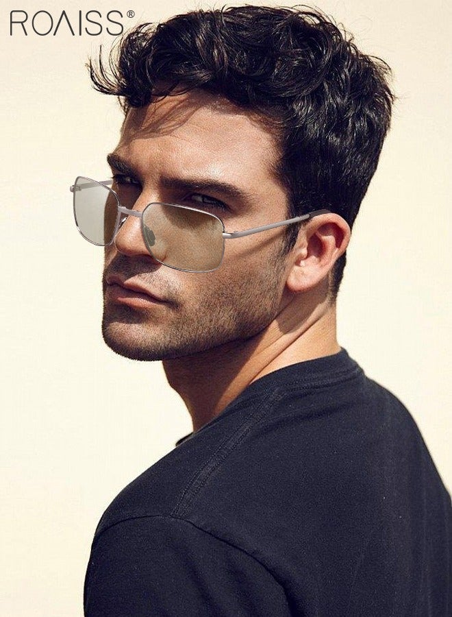 رويس نظارة شمسية مستقطبة مستطيلة رجالية، نظارة الشمس الواقية من الأشعة فوق البنفسجية 400 بإطار معدني فضي، نظارة متغيرة اللون للرجال مناسبة للقيادة وصيد الأسماك ولعب الجولف والسفر، 61 ملم - Image 2