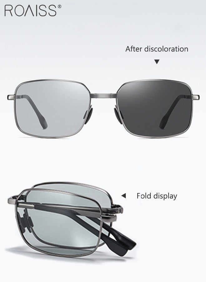 رويس نظارة شمسية مستقطبة مستطيلة رجالية، نظارة الشمس الواقية من الأشعة فوق البنفسجية 400 بإطار معدني فضي، نظارة متغيرة اللون للرجال مناسبة للقيادة وصيد الأسماك ولعب الجولف والسفر، 61 ملم - Image 3