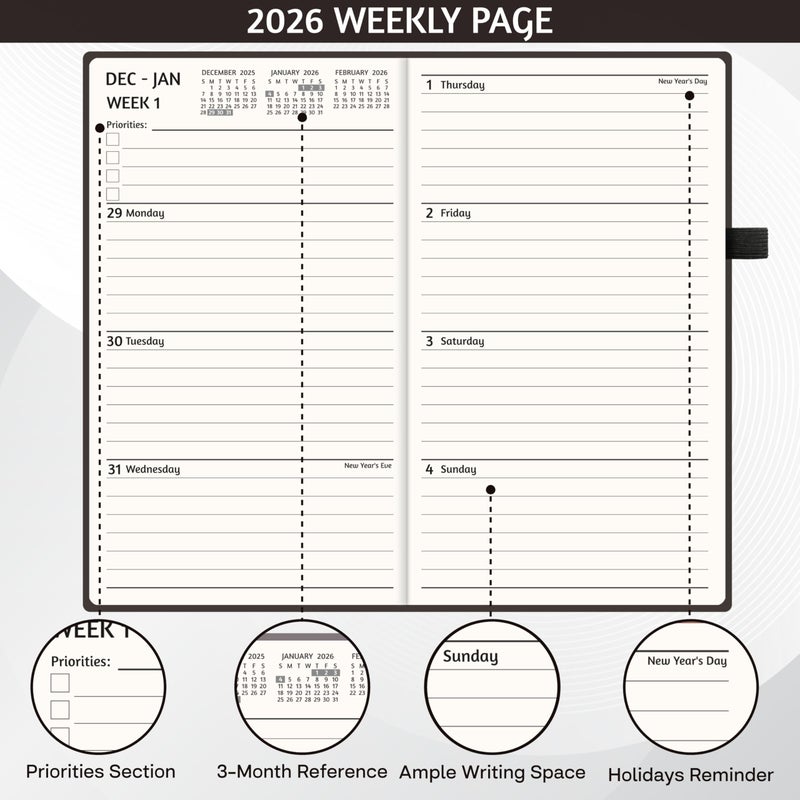 GoiUnlt 2026 Planner, Weekly ï¼† Monthly Planner 2026, Jan 2026 â€“ Dec 2026, 3.6" x 6.2", Faux Leather Cover, 12 Monthly Tabs, Thick Paper, Spiral Wirebound, Inner Pocket, Black - Image 4
