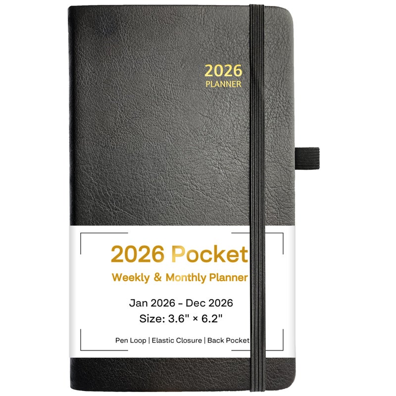 GoiUnlt 2026 Planner, Weekly ï¼† Monthly Planner 2026, Jan 2026 â€“ Dec 2026, 3.6" x 6.2", Faux Leather Cover, 12 Monthly Tabs, Thick Paper, Spiral Wirebound, Inner Pocket, Black - Image 1