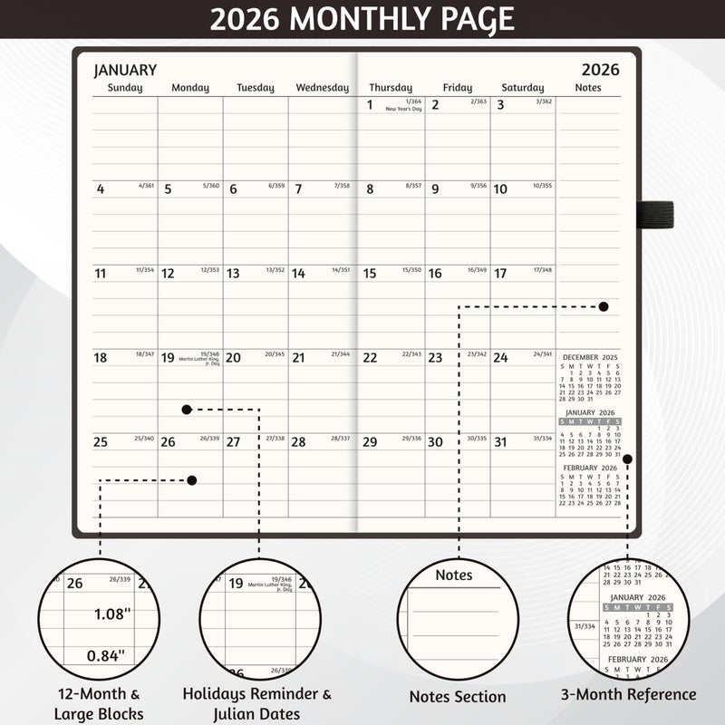 GoiUnlt 2026 Planner, Weekly ï¼† Monthly Planner 2026, Jan 2026 â€“ Dec 2026, 3.6" x 6.2", Faux Leather Cover, 12 Monthly Tabs, Thick Paper, Spiral Wirebound, Inner Pocket, Black - Image 3