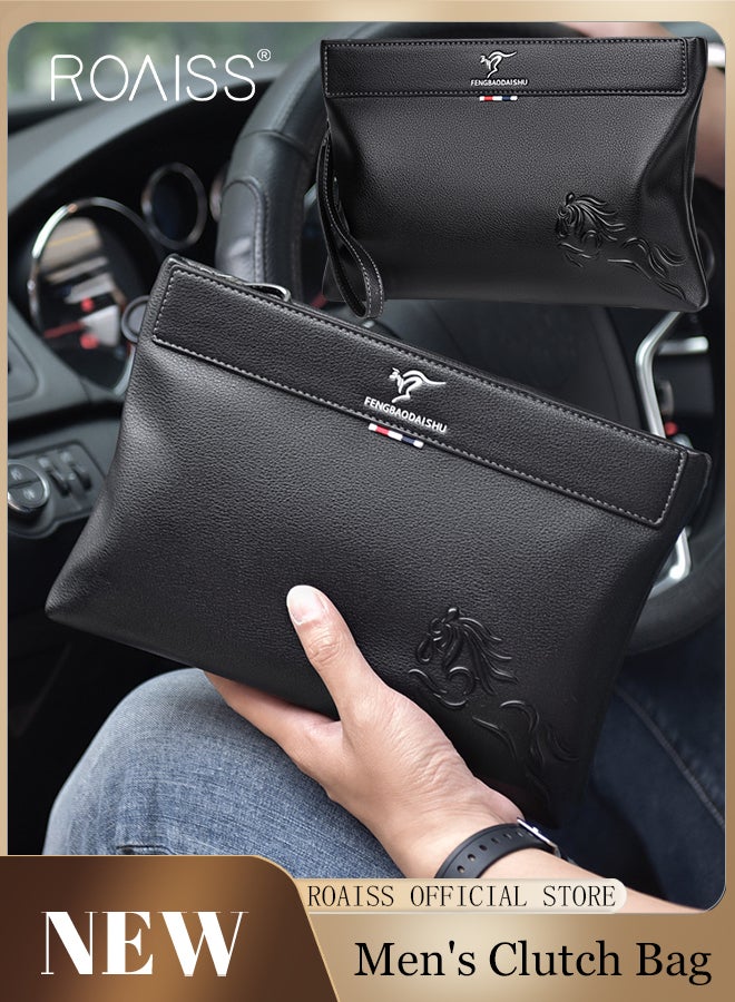 roaiss Large Capacity Men Clutch Bag Business Casual Wear Resistant Soft Fabric Multilayer Space Quality Inside PU Multiple Card Slots Waterproof Black Handbag Portable  - Image 1