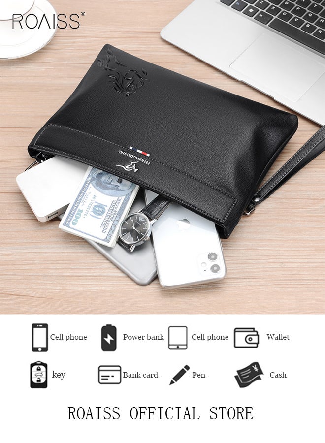 roaiss Large Capacity Men Clutch Bag Business Casual Wear Resistant Soft Fabric Multilayer Space Quality Inside PU Multiple Card Slots Waterproof Black Handbag Portable  - Image 5