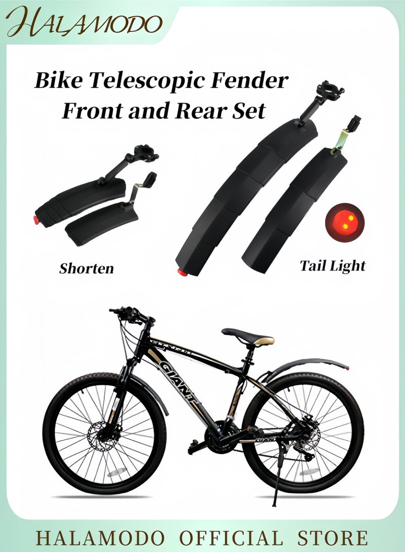 HALAMODO Bike Mudguard Set with Tail Light Front & Rear Bicycle Fender Telescopic Sliding Fender Water Splash Prevention Bicycle Mudguard Cycling Equipment for Mountain Bike & MTB & Road Bike  - Image 1