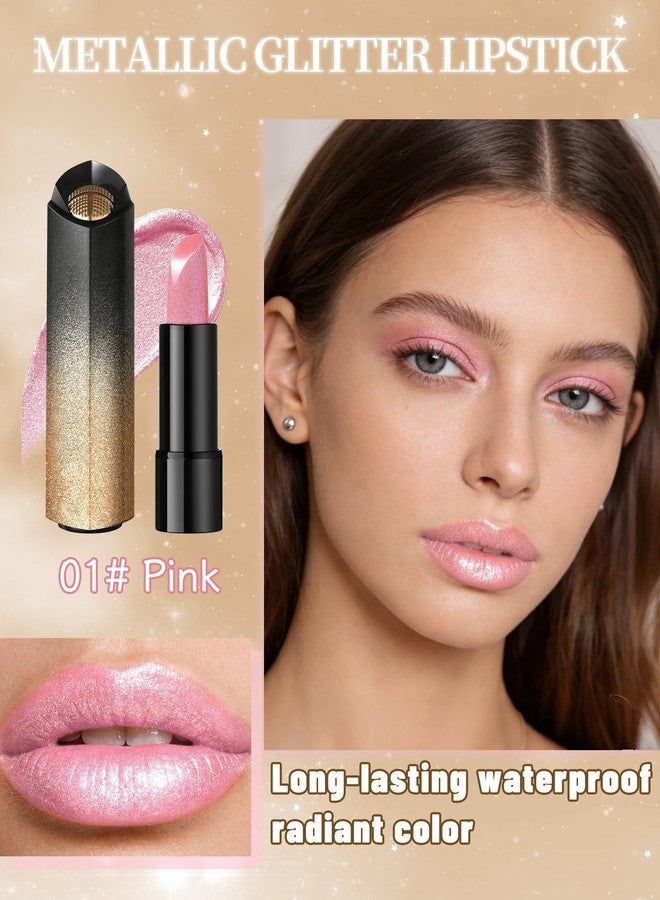 LYSdefeu Metallic Pink Glitter Lipstick for Women, Long Lasting Shine Sparkle Diamond Creamy Lipstick, Shimmer Waterproof Smudge-Proof LipGloss, Lightweight High Pigment Lip Stain Women's Day Lip Makeup-01 - Image 2