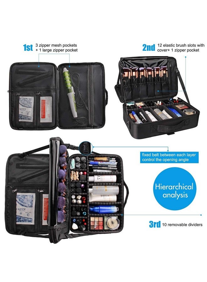 Rexez Travel Professional Makeup Cosmetic Bag for Women | Portable Artist Storage Makeup Brush Bag with Adjustable Dividers (Black, 18 Inch (2 Layer)) - Image 3