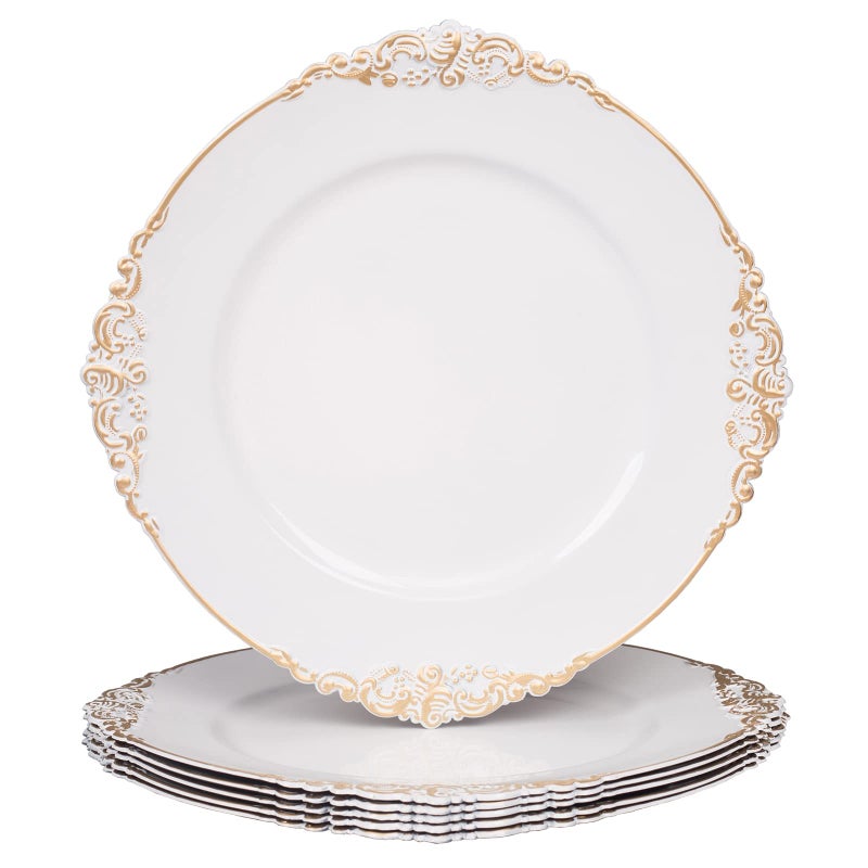 MAONAME White Charger Plates with Gold Rim Round Antique Plate Chargers for Dinner Plates 13 Plastic Charger for Wedding Table Setting Set of 6