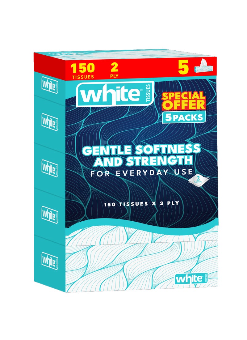 White Facial Tissues Box - 5 Packs of 150 Sheets x 2Ply | Extra Value, Extra Comfort 5in1; Perfect for Households, Offices or On-the-Go | Gentle on Skin - Image 1
