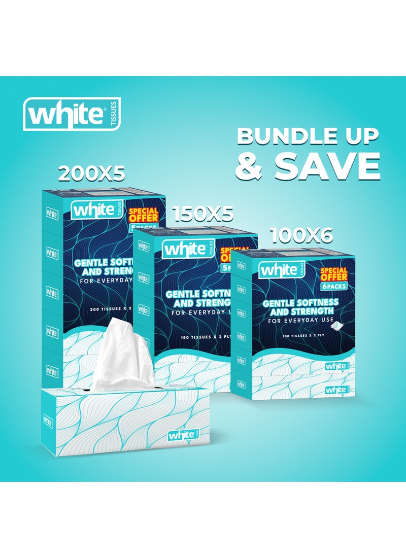 White Facial Tissues Box - 5 Packs of 150 Sheets x 2Ply | Extra Value, Extra Comfort 5in1; Perfect for Households, Offices or On-the-Go | Gentle on Skin - Image 2