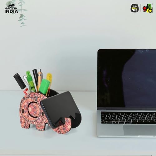 Gift Kya De GKD Wooden Pen Holder & Mobile Stand Elephant Shaped Mandala Art Design | Multifunctional Desk Organizer | Ideal for Office, Home, and Gifting (Without Planter) - Image 4