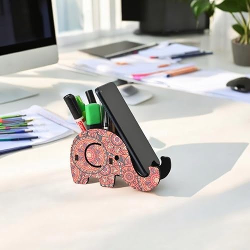 Gift Kya De GKD Wooden Pen Holder & Mobile Stand Elephant Shaped Mandala Art Design | Multifunctional Desk Organizer | Ideal for Office, Home, and Gifting (Without Planter) - Image 1