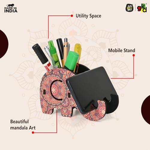 Gift Kya De GKD Wooden Pen Holder & Mobile Stand Elephant Shaped Mandala Art Design | Multifunctional Desk Organizer | Ideal for Office, Home, and Gifting (Without Planter) - Image 2