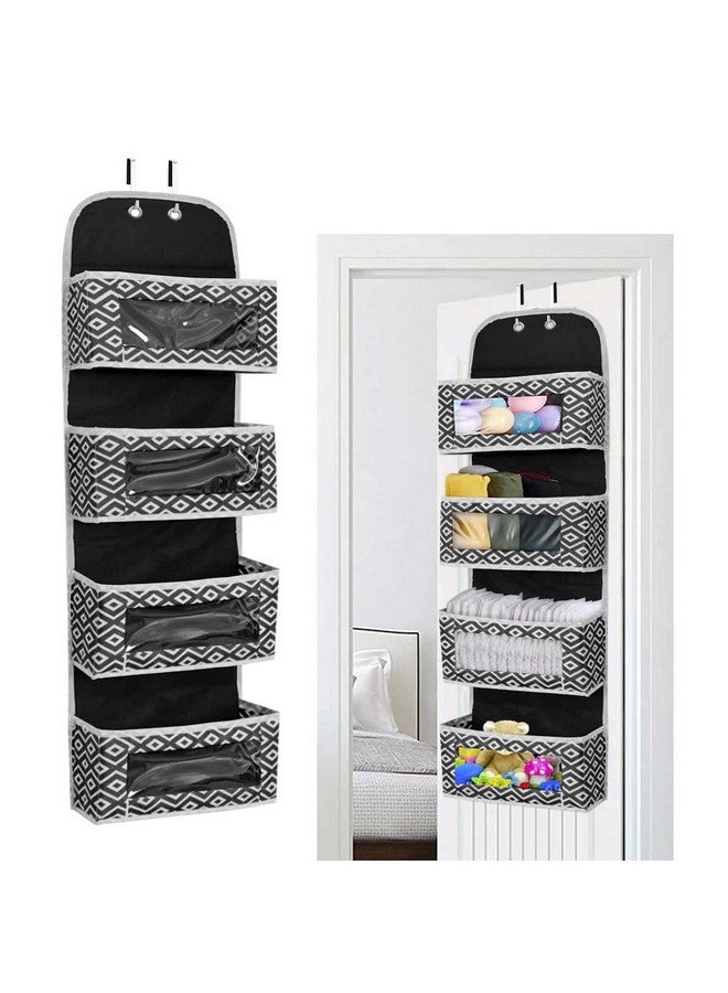 PrettyKrafts Over Door Hanging Organizer With 4 Large Pockets,Wall Mount Storage With Clear Windows And 2 Metal Hooks, Non-Woven Fabric Closet Organizer For Bedroom Nursery Pantry Toys (Diam Black) - Image 1