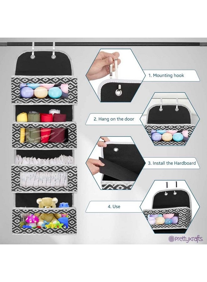 PrettyKrafts Over Door Hanging Organizer With 4 Large Pockets,Wall Mount Storage With Clear Windows And 2 Metal Hooks, Non-Woven Fabric Closet Organizer For Bedroom Nursery Pantry Toys (Diam Black) - Image 2