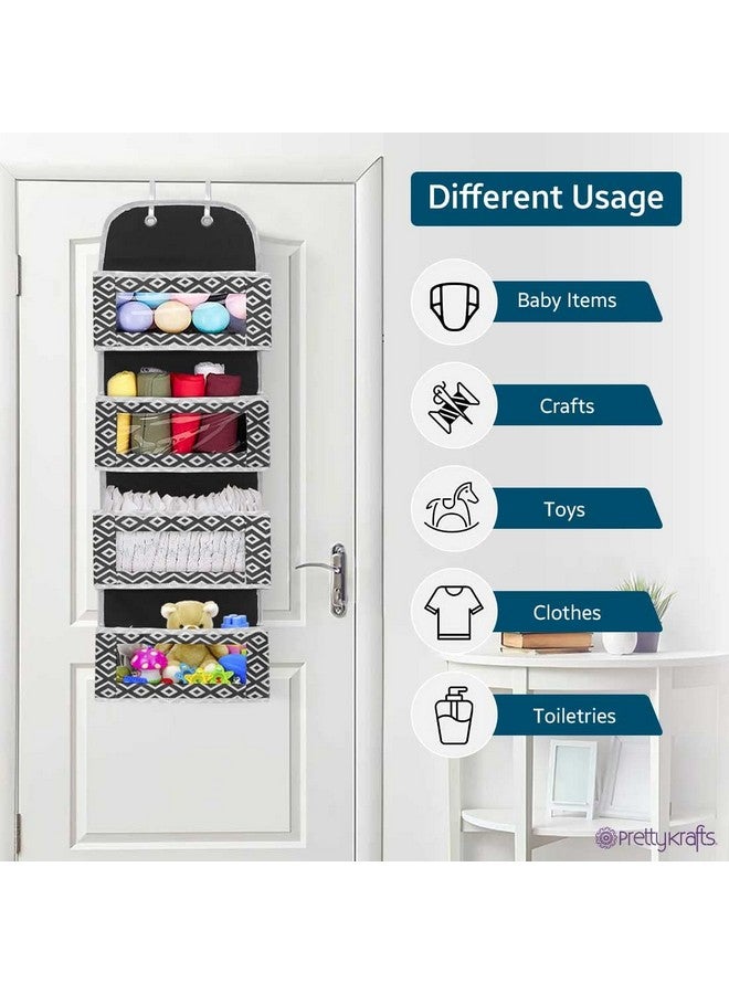 PrettyKrafts Over Door Hanging Organizer With 4 Large Pockets,Wall Mount Storage With Clear Windows And 2 Metal Hooks, Non-Woven Fabric Closet Organizer For Bedroom Nursery Pantry Toys (Diam Black) - Image 3
