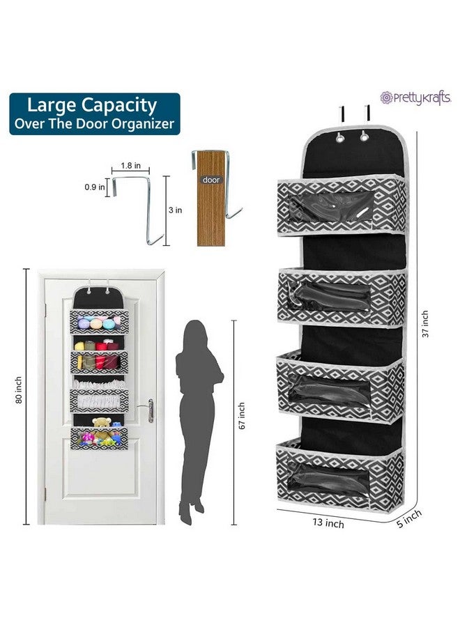 PrettyKrafts Over Door Hanging Organizer With 4 Large Pockets,Wall Mount Storage With Clear Windows And 2 Metal Hooks, Non-Woven Fabric Closet Organizer For Bedroom Nursery Pantry Toys (Diam Black) - Image 4