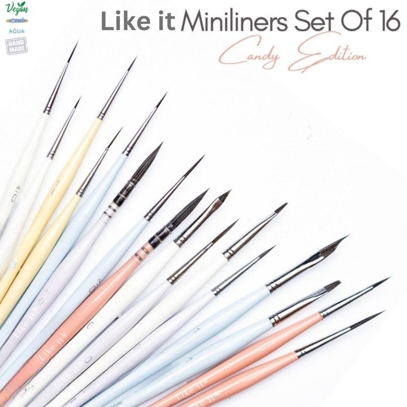 Like-It Like it Handmade MiniLiners Set of 16 Premium Oval, Above Class Synthetic Riggers and Round Miniliners, Flats, Dagger, Mop/Quill, Cat Tongue for Acrylic, Oil, Watercolour & Gouache Painting Brush Set - Image 2