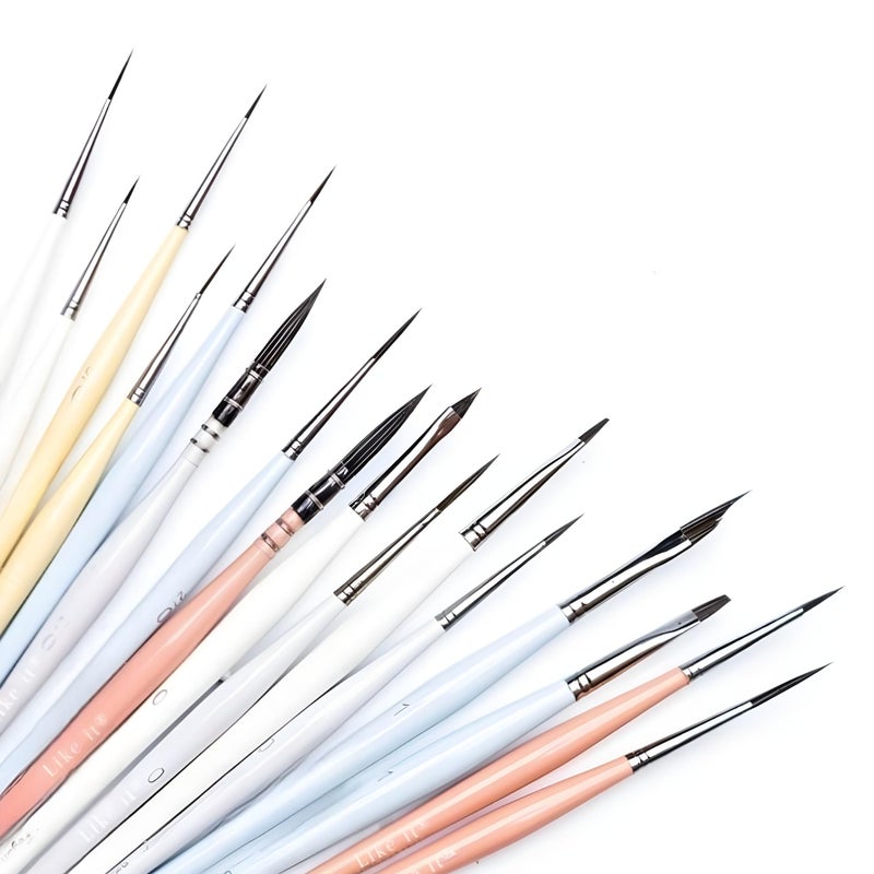 Like-It Like it Handmade MiniLiners Set of 16 Premium Oval, Above Class Synthetic Riggers and Round Miniliners, Flats, Dagger, Mop/Quill, Cat Tongue for Acrylic, Oil, Watercolour & Gouache Painting Brush Set - Image 1