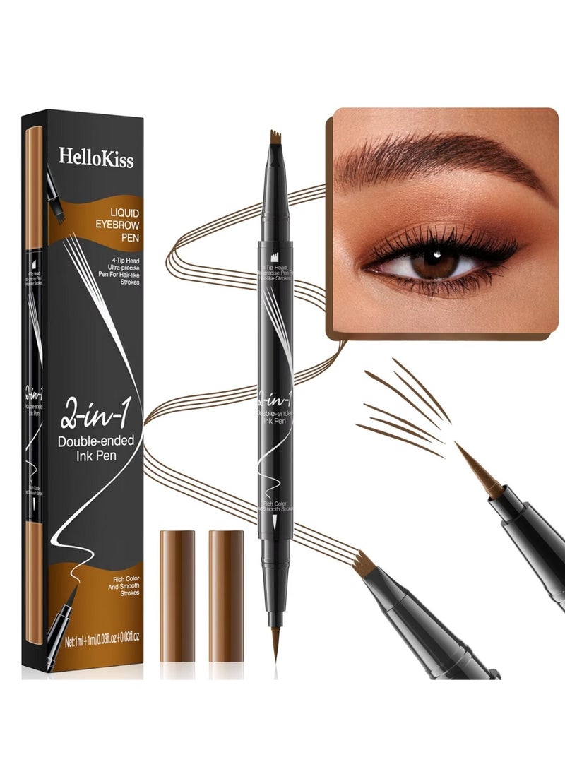 HelloKiss Liquid Eyebrow Pen 2 in 1 Double Ended Ink Pen with Brush Tip for Hairlike Strokes and 4 Fork Tip to Fill Eyebrow Waterproof Smooth Strokes Liquid Eyebrow Pencil Light Brown 01  - Image 1