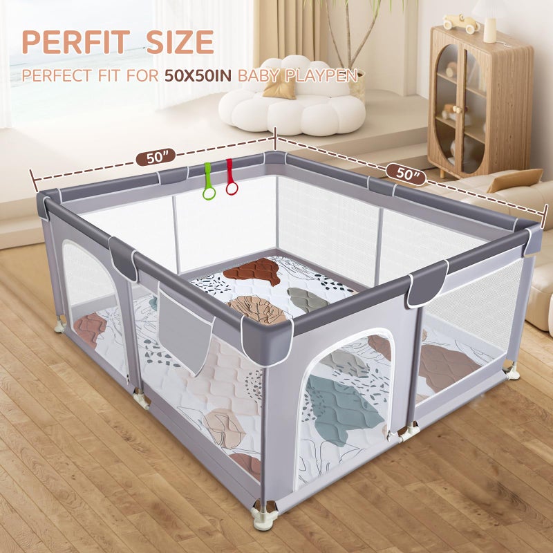 TreeBud Baby Play Mat - Thicken 50x50 Inch Soft Foam Crawling Mat for Playpen & Floor, Non-Slip Waterproof Activity Playmats for Infants & Toddlers, Portable Foldable & Machine Washable, Boho Design - Image 2