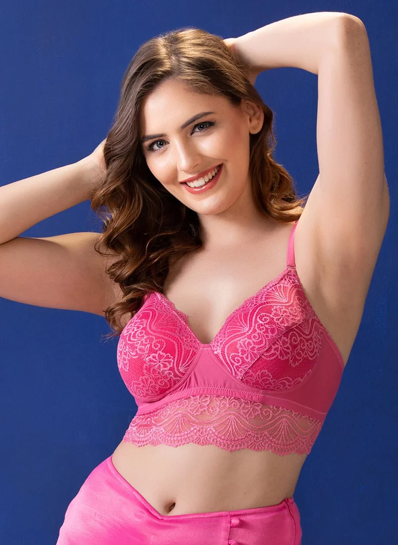Clovia Clovia Padded Non-Wired Full Cup Multiway Longline Bralette in Rose Pink - Lace