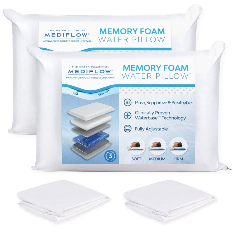 MEDIFLOW Mediflow Water Pillow Memory Foam reInvented with Waterbase Technology  Clinically Proven to Reduce Neck Pain  Improve Sleep Quality Two Pillows Two Pillow Protectors 