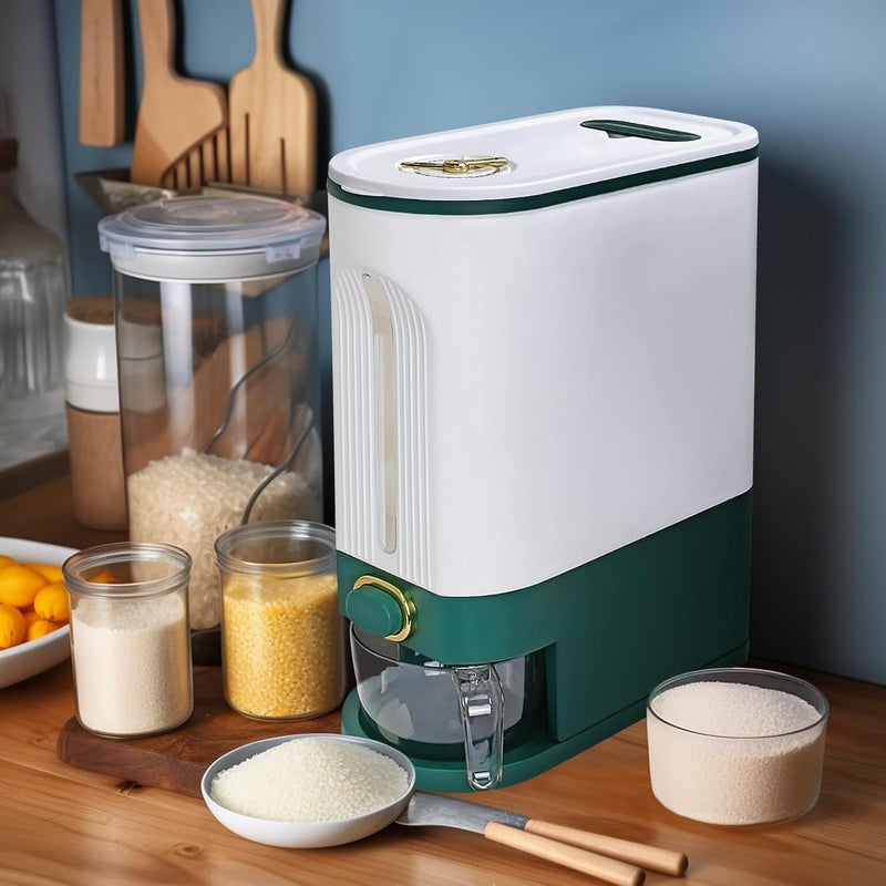 LUOKER Rice Dispenser,25 Lbs Rice Storage with Measuring Cup,White&Green Rice Container with One-Touch,Cereal Dispenser Storage with Lids for Rice, Corn,Soybean & Oatmeal,Airtight, Moisture Proof - Image 5