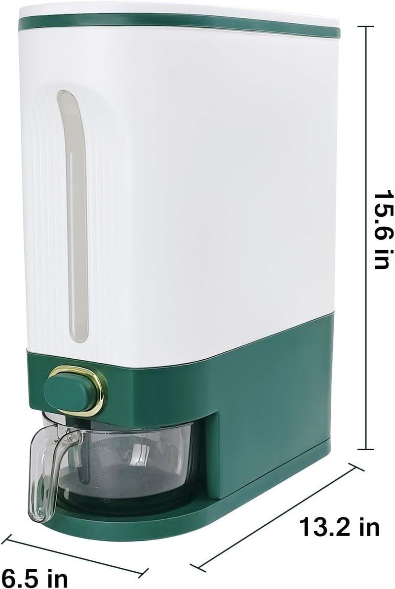 LUOKER Rice Dispenser,25 Lbs Rice Storage with Measuring Cup,White&Green Rice Container with One-Touch,Cereal Dispenser Storage with Lids for Rice, Corn,Soybean & Oatmeal,Airtight, Moisture Proof - Image 2