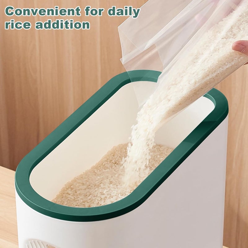 LUOKER Rice Dispenser,25 Lbs Rice Storage with Measuring Cup,White&Green Rice Container with One-Touch,Cereal Dispenser Storage with Lids for Rice, Corn,Soybean & Oatmeal,Airtight, Moisture Proof - Image 3