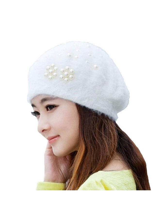 seven wolves - Fashion Pearl Beret Hat For Womens, Wool French Beanie Cap Hat Winter Clothes Accessory Warm Hat, White 2 - Image 1