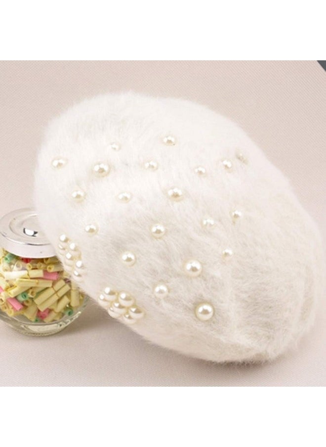 seven wolves - Fashion Pearl Beret Hat For Womens, Wool French Beanie Cap Hat Winter Clothes Accessory Warm Hat, White 2 - Image 1