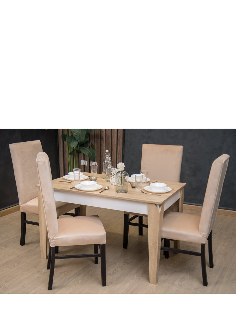 طقم طاولة طعام بأربعة كراسي – خشب MDF بتصميم أنيق وكسوة قطيفة، مقاس 120×80×76 سم لون بيج