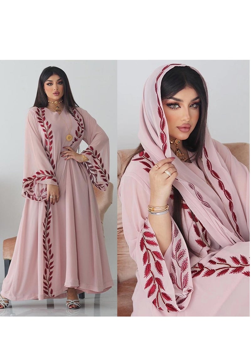 Best Gift Fashion - Fashion Chiffon Floral Embroidered Abaya With Hijab Pink Color - Image 1